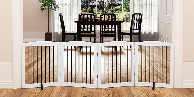 Freestanding Pet Gate for Dogs, Foldable Wooden Dog Gate for House, Indoor Dog Gate for Stair, Doorway, Gates for Dogs Indoor, 80 Inch Wide, 4 Panels 24",White-PurrikoPets