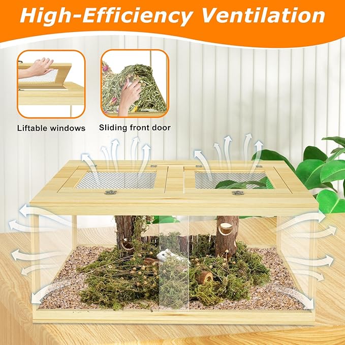 32" Hamster Habitat Enclosure, Lockable Sliding Door Gerbil Cage, Dwarf Hamster Cage with Metal Mesh Roof, Chewproof Syrian Hamster Cage for Mice, Small Animal, (Wooden, 32" L x 16" W x 16" H)-PurrikoPets
