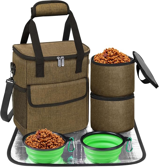 Dog Travel Bag for Camping - Pet Travel Accessories with 2 Collapsible Bowls, 2 Food Containers & Waterproof Feeding Mat - Portable Dog Carrier, Coffee (Small)-PurrikoPets