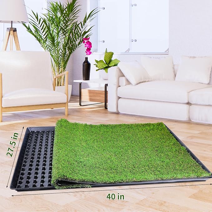 Dog Grass Pad with Tray(40×27.5 inch), Large XL Reusable 3-Layer Dog Pee Potty Grass Pads, Easy to Clean Artificial Fake Grass for Indoor Outdoor and Balcony (2 Pcs Grass Pad+Drainage Grate+Tray)-PurrikoPets