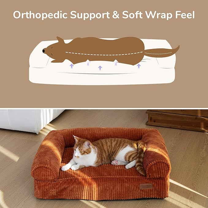 FUKUMARU Dog Couch Bed, Corduroy Cozy Cat Bed for Indoor Cats with Washable Cover, Supportive Waterproof Dog Beds Sofa for Small Dogs and Large Cats Cute, 28inch, Medium, Orange-PurrikoPets