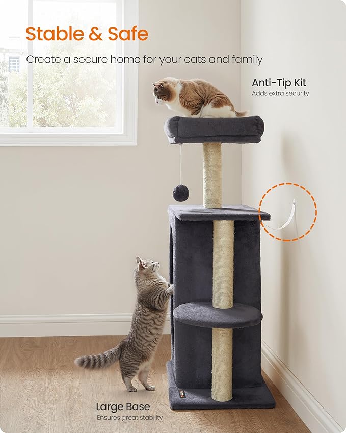 Feandrea Cat Tree Tower with 2 Caves for Multi-Cat Households, Kittens, Scratching Posts, Dark Gray UPCT005G02-PurrikoPets