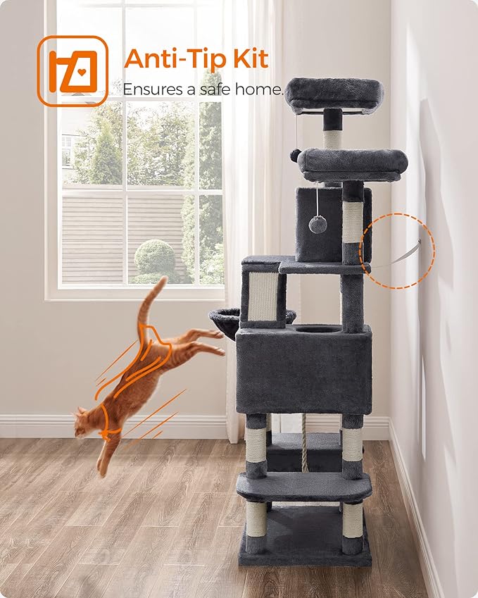 Feandrea Cat Tree, 66.1-Inch Large Cat Tower with 13 Scratching Posts, 2 Perches, 2 Caves, Basket, Hammock, Pompoms, Multi-Level Plush Cat Condo for Indoor Cats, Smoky Gray UPCT165G01-PurrikoPets