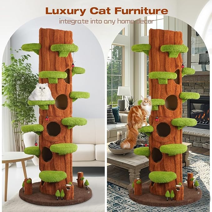 Extra Large Cat Tree Tower,90.55" Tall Forest Theme Cat Condo for Indoor Cats,Multi-Level Luxury Huge Cat Condo with Scratching Mats,Removable Mats,Heavy Duty House with Toys for Multi-Cat Household-PurrikoPets