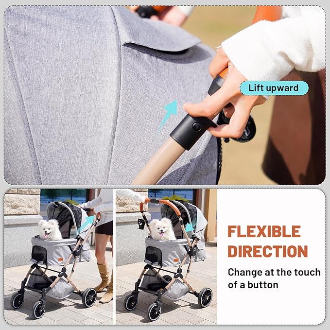 EchoSmile Small Medium Dogs Stroller 4-Wheel Pet Strollers for Medium Dogs Up to 50lbs, One Click Folding Large Cat Stroller, Reversible Handle, Shock Absorbing Wheels, Removable Washable Pad-PurrikoPets