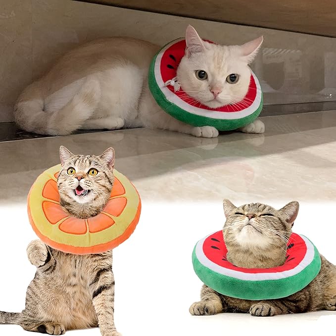 2 Pcs Adjustable Cat Cone Collar Soft Small Cute Cat Recovery Donut Collar After Surgery Orange Watermelon Elizabethan Kitten Neck Cones for Small Dogs Pet, Fruits Shaped, Under 7 lbs-PurrikoPets