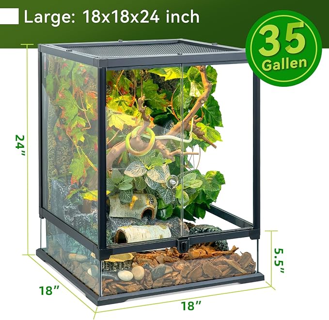 Glass Reptile Tank Front Opening Terrarium Suitable for Leopard Geckos, Snakes, Tree Frogs, Chameleons,Watertight Base, Ventilated Metal Mesh Top, Pre-Drilled Cable Holes 23.9x18x18''-PurrikoPets