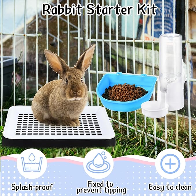 19 Pcs Rabbit Starter Kit Small Bunny Litter Box Rabbit Grooming Kit Water Bottle Bunny Toys Hay Feeder Bowl Blankets with Cleaning Set for Guinea Pig Accessories(Black,Cloud)-PurrikoPets