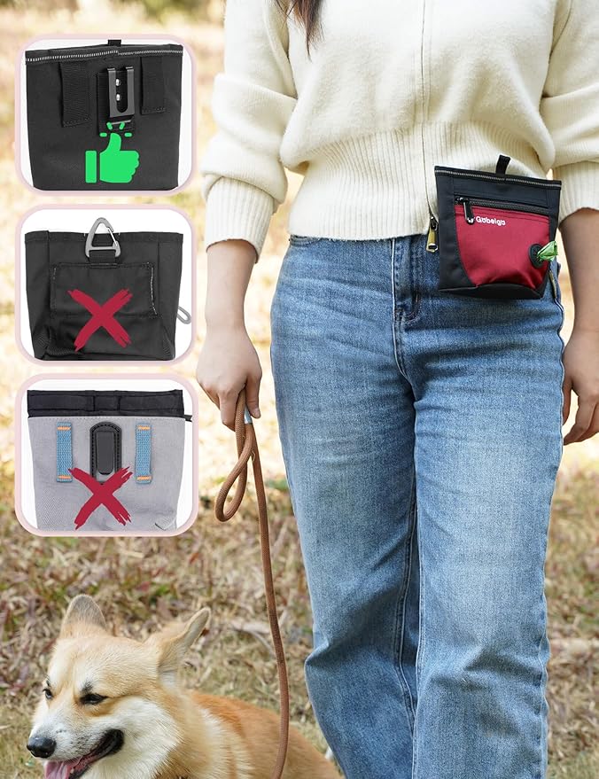 Gobeigo Dog Treat Pouch and Training Clicker, Upgrade Two Magnetic Closure to Prevent Spills, 2 Cup Treat Bag with Poop Bag Dispenser, Metal Clip Waist Belt Fanny Pack for Pet Walking(Black/Red)-PurrikoPets