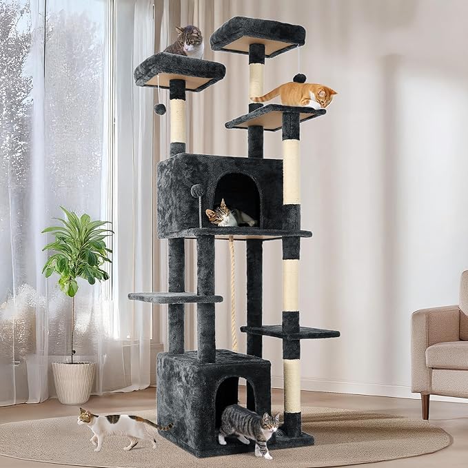 69in Large Cat Tree Tower for Indoor Cats with Soft Plush Hang Ball, Two Condos, Sisal Scratch Posts & Rope Play for Kittens/Adult Cats, Deep Grey-PurrikoPets