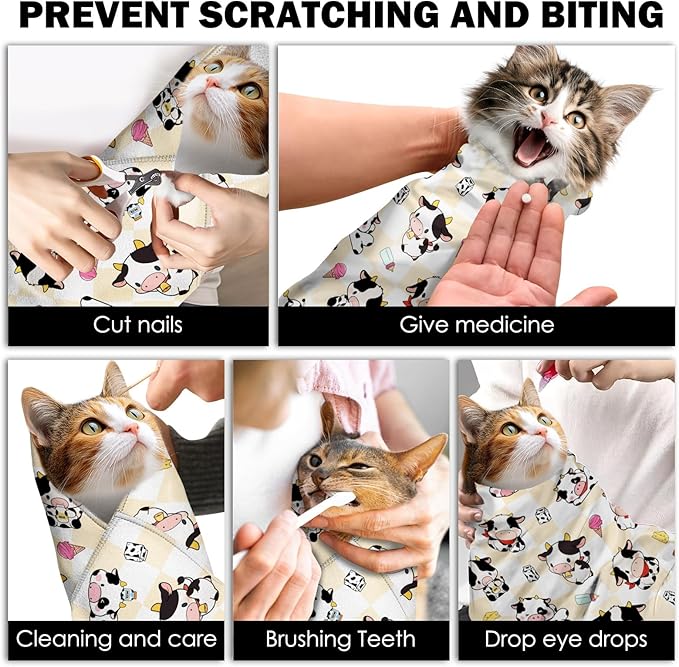 27.6" Cat Grooming Wrap, Self Adhesive Cat Wrap for Cutting Nails, Anti-Escape Calming Cat Swaddle Wrap for Medicine Ear Cleaning, Cartoon Cow Anti-Scratch Cats Burrito Restraint Blanket, Pet Tool-PurrikoPets