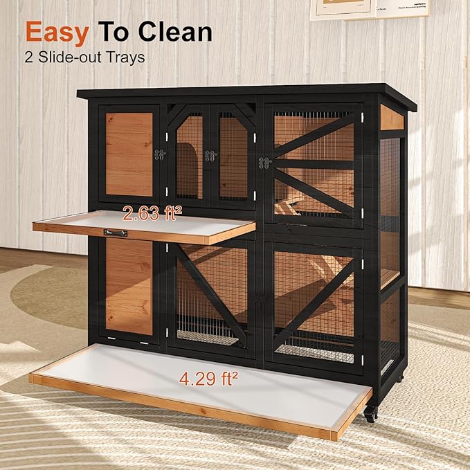 47.3" Two Story Rabbit Cage Bunny Cage Indoor, Wooden Rabbit Hutch Hamster Cages for Small Animals, Outdoor Guinea Pig Cages with Wheels & 2 Removable Trays & Bottom Wire Mesh-PurrikoPets