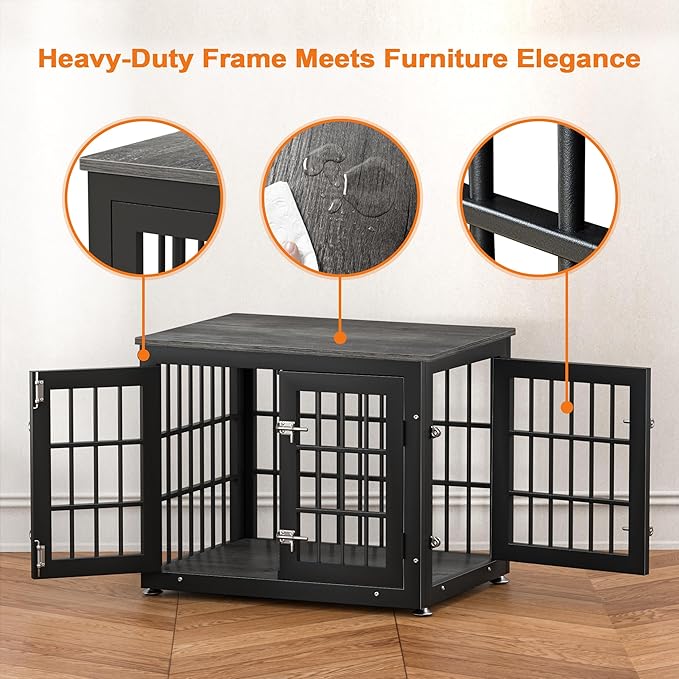 26 Inch Heavy Duty Dog Crate Furniture for Small Dogs, Decorative Pet House End Table, Wooden Cage Kennel Furniture Indoor, Gray-PurrikoPets