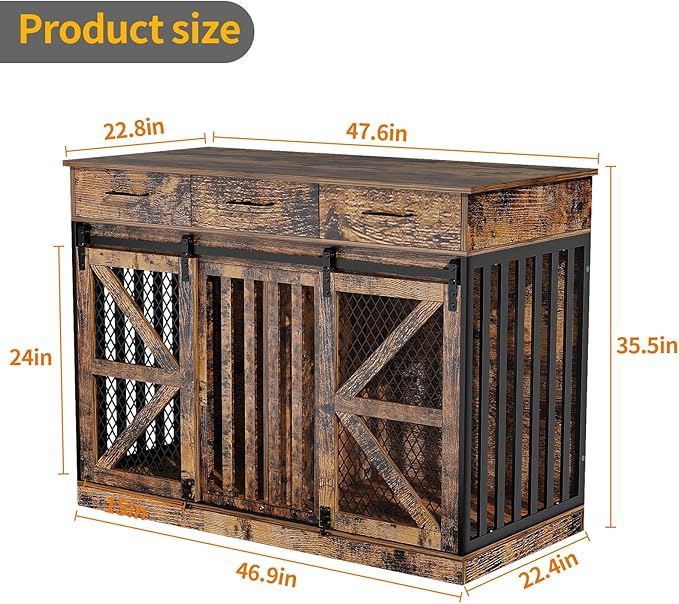 48'' Dog Crate Furniture with Removable Divider & Storage Drawers, Wooden Double Dog Cage TV Stand with 2 Sliding Barn Doors, Multi-Functional Dog Crate End Table for Indoor use (Retro Brown)-PurrikoPets