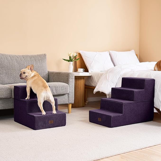 EHEYCIGA Dog Stairs for Bed 20" H, 4-Step Extra Wide Dog Steps for High Bed, Pet Steps for Small Dogs and Cats, Non-Slip Balanced Pet Ramp Indoor, Purple-PurrikoPets