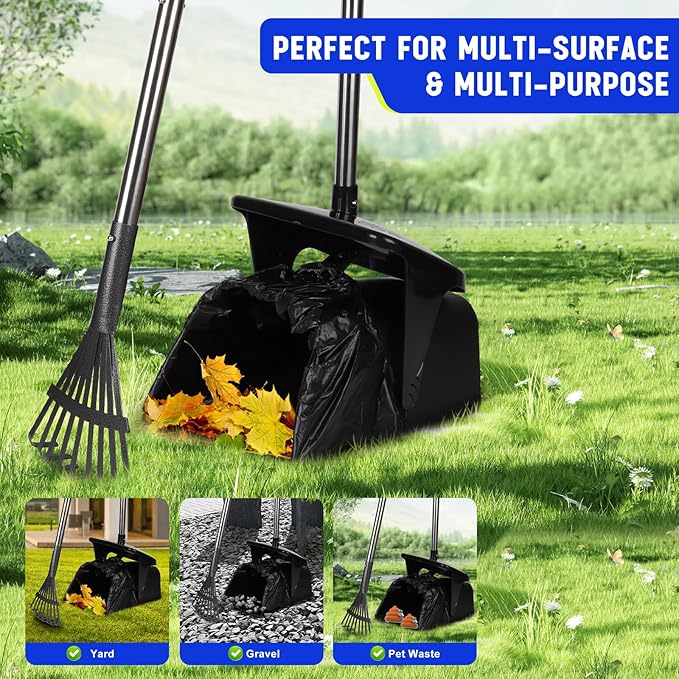 Dog Pooper Scooper with 20 Bag Attachment Long Handle Swivel Bin, Rake Heavy Duty Pooper Scooper for Large Medium Dogs Easy to Clean Poop Scooper for Yard, Grass, Gravel-PurrikoPets