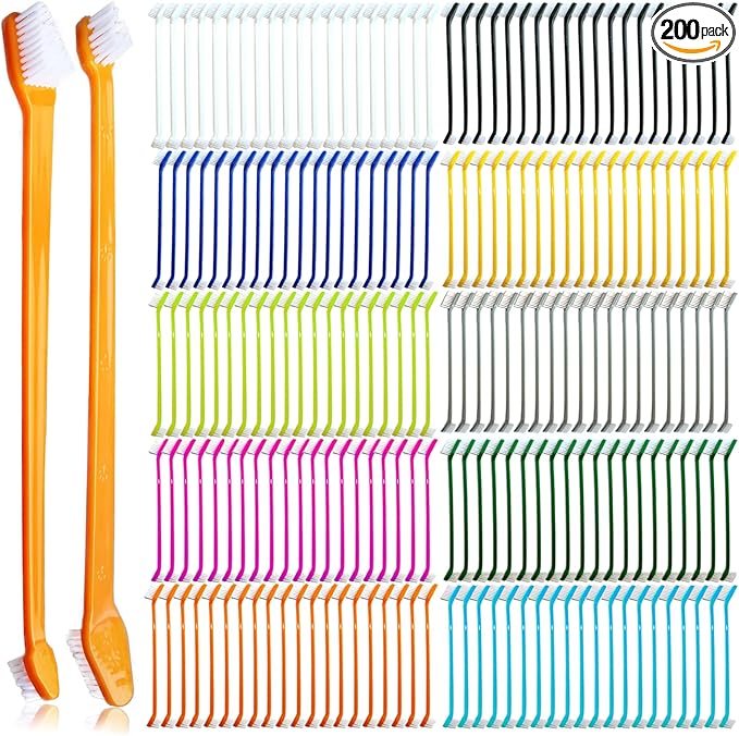 200 Pcs Dog Toothbrush Cat Tooth Brushes Bulk, Double Sided Brushing Kit, Teeth Cleaning Kit Soft Bristles Long Handle, Pet Tooth Brush for Small to Large Dog, Cat, Puppy & Kitten, 10 Colors-PurrikoPets
