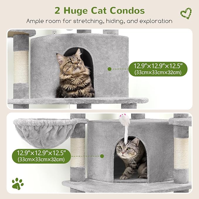 Globlazer Corner Cat Tree for Large Cats, 66inch Tall Curved Series Large Cat Tower for Multiple Indoor Cats with 6 Scratching Posts, 2 Spacious Cat Condos, Hammock, Hanging Basket, C66, Light Grey-PurrikoPets