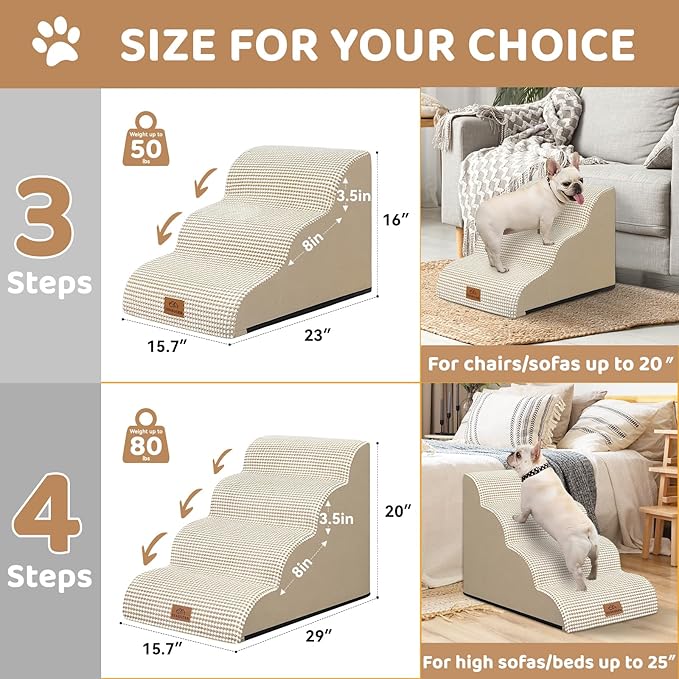 Dog Ramp and Stair for Bed 16" H-20 H,3-Step Cat Stair for Sofa and Chair,4-Step Dog Ramp for High Bed and Window,Durable Nonslip Fabric Cover for Indoor (Beige-16 H, Pet Friendly, 3)-PurrikoPets