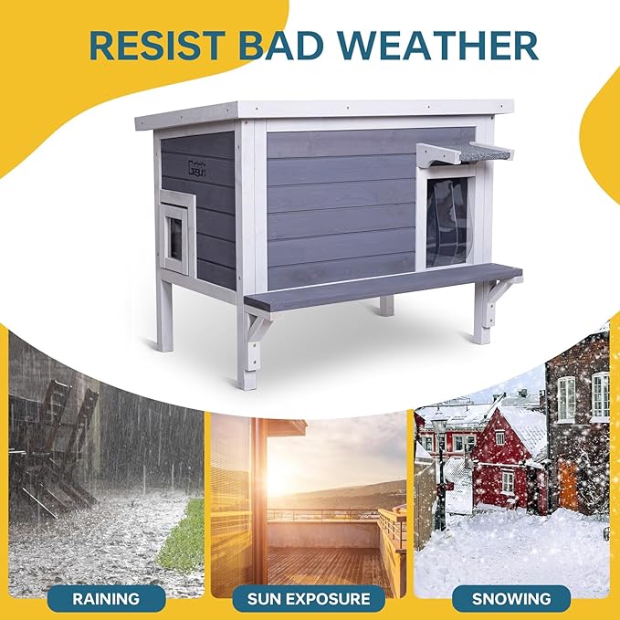 GEGURI Insulated Cat House Outdoor Weatherproof Feral Cat Shelter for Winter Large Wooden Enclosure with Escape Door-PurrikoPets