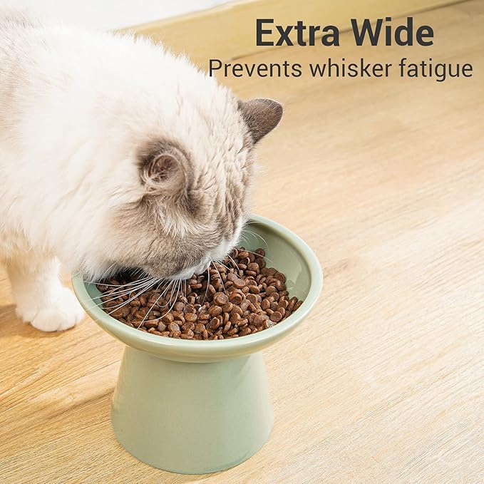 Extra Wide Elevated Ceramic Cat Bowl, 6.2" Shallow Dish for Whisker Fatigue Relief, 5" Height for Easy Feeding, Durable Raised Cat Food Bowls, Pack of 2, Sage Green-PurrikoPets