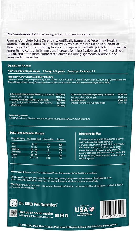 Dr. Bill’s Canine Complete Joint Care – Hip & Joint Supplement for Dogs for Mobility, Muscle Support & Inflammation Relief – Green Lipped Mussel, Chondroitin, Collagen, Omega-3 – Powder, 340g-PurrikoPets