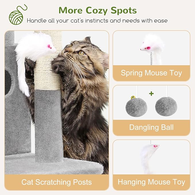 Globlazer Cat Tree Tower for Indoor Cats, 50-inch Adult Cat Tree House for Large Adult Cats with Steps, Scratching Post, 2 Cat Caves, Dangling Toys, FC50, Light Grey-PurrikoPets