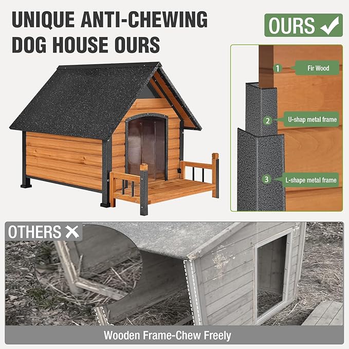 Dog House Outdoor with Anti-Chewing Iron Frame, Weatherproof Dog Kennel with Porch and Raised Feet for Small Medium Large Dogs Indoor (Brown, 45" x 32.9" x 32.6")-PurrikoPets