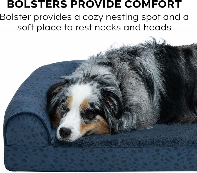 Furhaven Cooling Gel Dog Bed for Large/Medium Dogs w/ Removable Bolsters & Washable Cover, For Dogs Up to 55 lbs - Plush & Almond Print L Shaped Chaise - Blue Almonds, Large-PurrikoPets