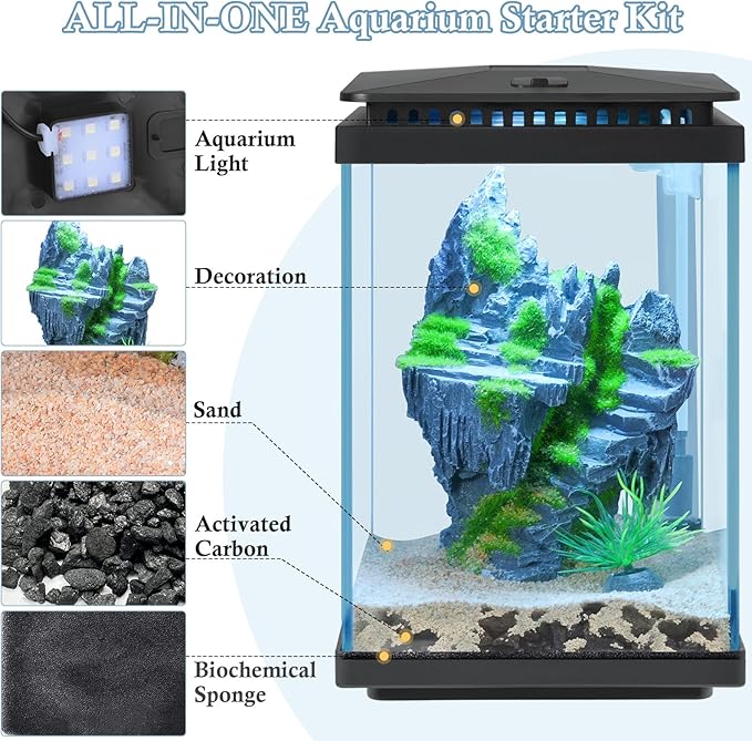 FEDOUR Small Glass Aquarium, 1 Gallon Desktop Fish Tank, Betta Fish Tank, Mini Aquarium Starter Kit with Air Pump LED Light Decoration Water Changer Fish Net (Black)-PurrikoPets