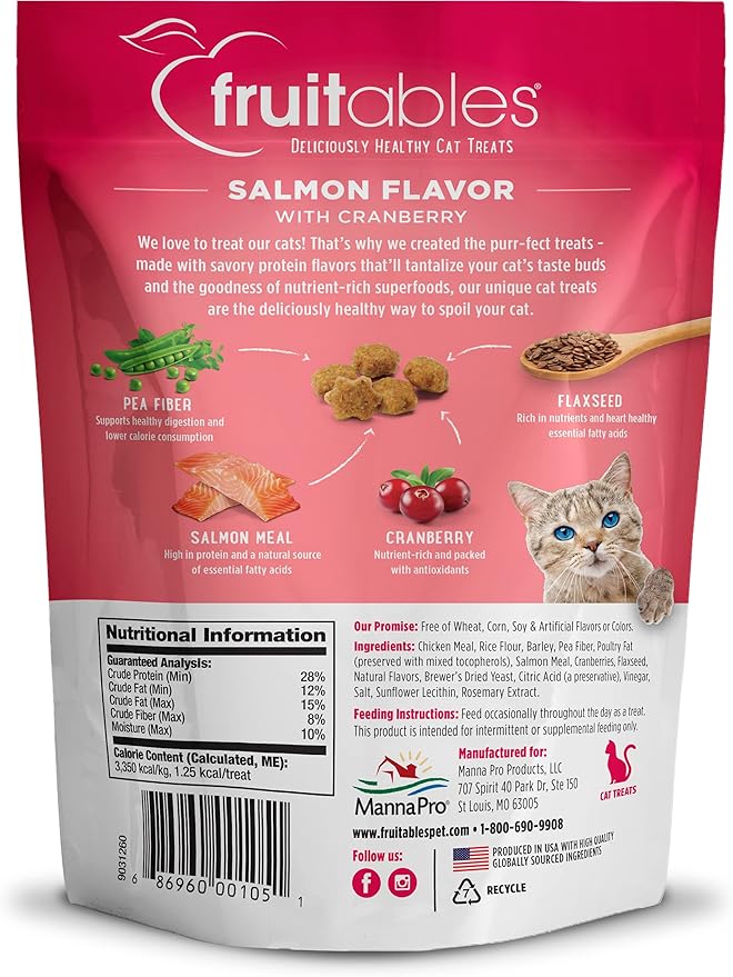 Fruitables Cat Treats Crunchy Salmon & Cranberry Cat Treats Healthy Low Calorie, High Protein Wheat, Corn & Soy Free 30 Ounces-PurrikoPets