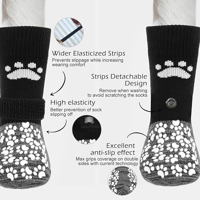 EXPAWLORER Anti Slip Dog Socks to Prevent Licking Paws, Shoes for Hot Pavement, Dog Booties for Small Medium Large Senior Dogs, Traction Control Boots & Paw Protectors for Hardwood Floors Black&Grey-PurrikoPets