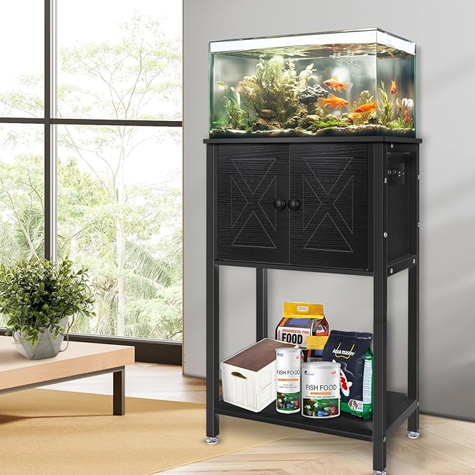 5-10 Gallon Fish Tank Stand, Heavy Duty Aquarium Stand with Cabinet & Power Outlets for Fish Tank Accessories Storage, Double Tank Stand 20.5" L* 11" W Tabletop, 220LBS Capacity Black-PurrikoPets