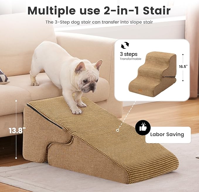 Gardner Pet Dog Stairs for Small Dogs 16.5" H, 2 in 1 Transformable 3-Step Pet Stairs and Dog Ramp for Couch (13-20 in), Brown Adjustable Pet Steps with Non-Slip Waterproof Cover and CertiPUR-US Foam-PurrikoPets