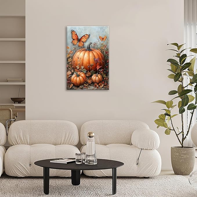 Fall Pumpkin Pictures Wall Art, Rustic Thanksgiving Bathroom Wall Decor, Farmhouse Autumn Butterfly Framed Painting Canvas Artwork for Harvest Gift Bedroom Living Room Decorations 24"L x 16"W-PurrikoPets