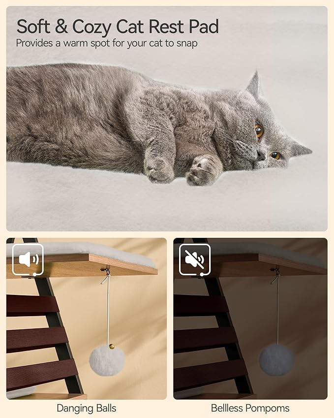 FourFurPets 72.4" Cat Tree, Modern Cat Tower for Indoor Cats, Multi-Level Cat Condo with Caves, Tall Cat Tree with Cat Scratching Board, Wooden Cat Tower with Large Perch, Removable Pads, Camel Brown-PurrikoPets