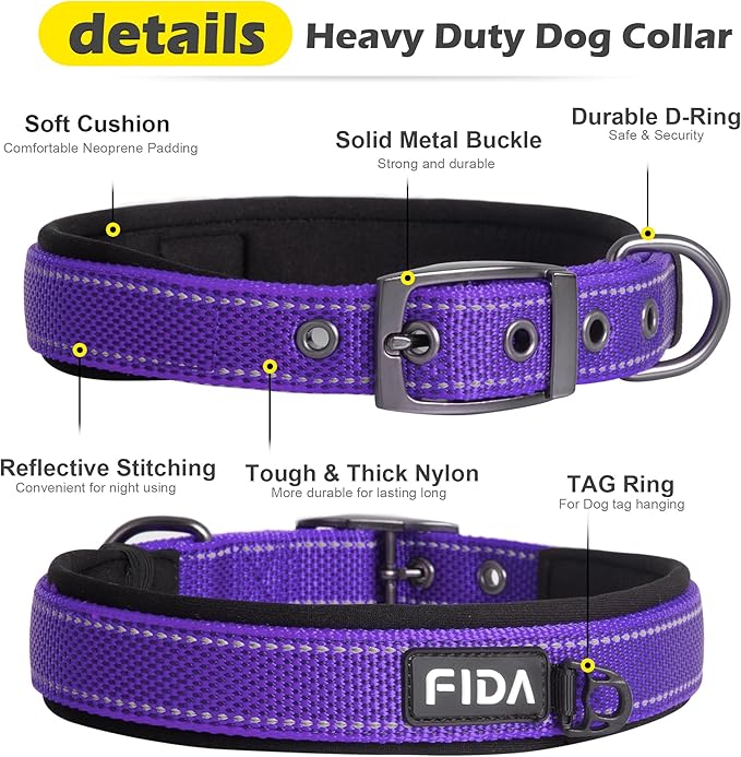 Fida Heavy Duty Dog Collar, Ultra Comfortable Soft Neoprene Padded, Adjustable Reflective Nylon Pet Collar with Durable Metal Belt Buckle for Small Breeds (S, Purple)-PurrikoPets