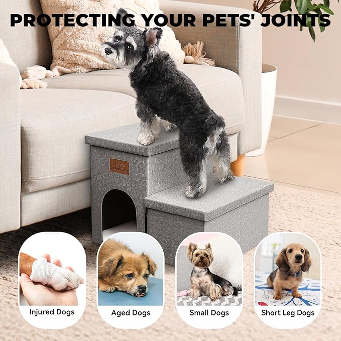 Dog Stairs 15" H, 2-Step Wider Dog Steps for Small/Medium/Large Old Dogs Cats, Folding Sturdy Storage Pet Stairs Climbing Bed Couch, Dog Ramp for Car Hold Up to 150 lbs(Gray, with Condo)-PurrikoPets