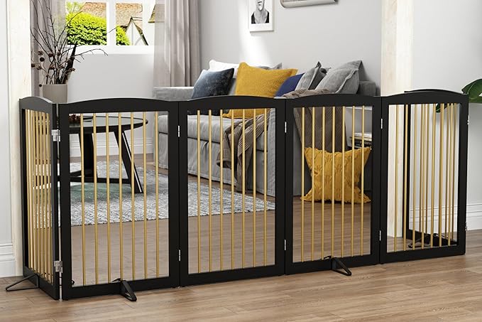Freestanding Pet Gate for Dogs, Indoor Wooden Dog Gate for House, Extra Wide Dog gate, Foldable Dog Gate for Stair, Doorway, Hall, Support Feet Included, 120 Inch Wide, 6 Panels 32",Black&Gold-PurrikoPets