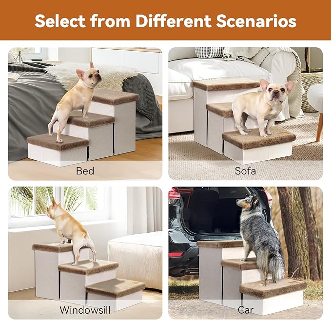 Dog Stairs with Furry Lids 18" H, 3-Step Wider Dog Steps with Storage for Small/Medium/Large Old Dogs Cats, Folding Sturdy Pet Stairs Climbing Bed Couch, Ramp for Car Up to 200 lbs, Khaki-PurrikoPets
