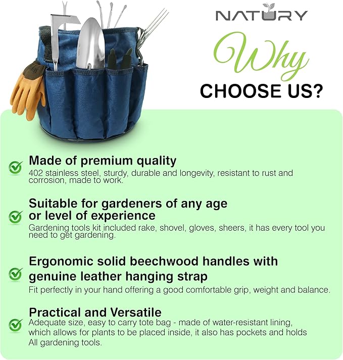 Garden Tools Set – Premium Stainless Steel Gardening Hand Tools with Solid Beechwood Handle – Gardening Kit with Rake, Shovel, Gloves, Shears, Tool Organizer – Garden Gifts for Women and Men-PurrikoPets