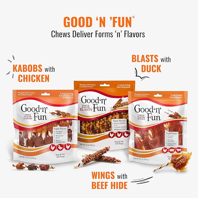 Good ‘n’ Fun Triple Flavor Kabobs Chews for All Dogs, 24 Ounces, Treat Your Dog to Chews Made from Beef Hide, Real Chicken, Pork Hide, Duck and Chicken Liver-PurrikoPets
