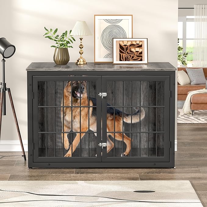 48" Heavy Duty Dog Crate Furniture for Extra Large Dogs, Metal Cage for High Anxiety Dogs, Wooden Kennel Furniture Indoor, Decorative Dog Kennel End Table, XL-PurrikoPets