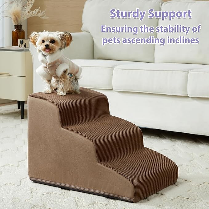 Dog Stairs for Small Dogs, 3-Steps Dog Ramp for Bed and Couch, Pet Stairs with Highly Supportive Foam and Non-Slip Bottom, Pet Steps for Cat & Doggie (High 15.7 Inch)-PurrikoPets