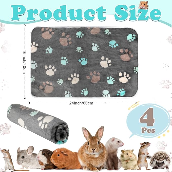 4 Pcs Waterproof Guinea Pig Blankets Washable Small Animal Fleece Bedding Absorbent Guinea Pig Cage Liners Reusable Pet Pee Pad Sleep Mat Pad Cover for Hamster Ferret (Cute Paw,24 x 16 Inch)-PurrikoPets