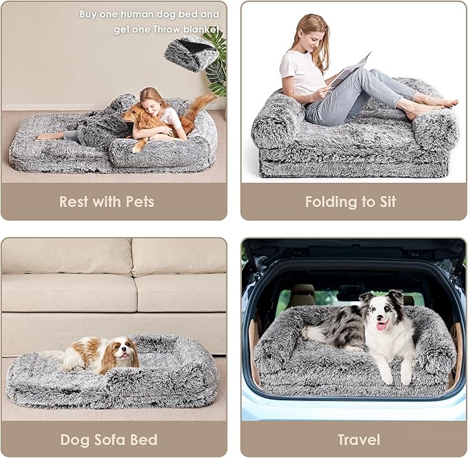 EHEYCIGA Foldable XXL Dog Bed, Faux Fur Fluffy Pet Couch Bed for Extra Large Dogs, Orthopedic Calming Memory Foam Pet Bed, Washable Soft Pet Sofa Bed with Non-Slip Bottom, Faded Black, 54"x38"x7.5"-PurrikoPets