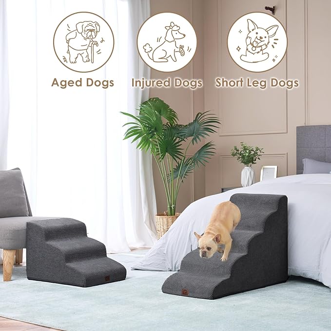 EHEYCIGA Curved Dog Stairs Ramp for High Beds 22.6" H, 5-Step Dog Steps for Small Dogs and Cats, Pet Stairs for High Bed Climbing, Non-Slip Balanced Pet Step Indoor, Grey-PurrikoPets