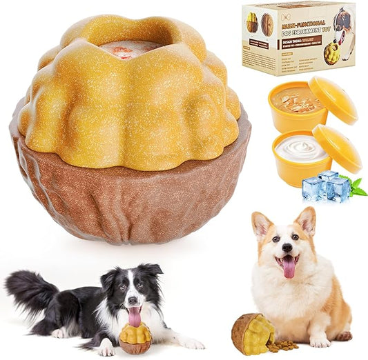 Dog Frozen Treats Toy, Cognitive Dogs Brain Stimulation Toys for Aggressive Chewers, Interactive Dispensing Toy Enrichment Keep Them Busy No-Boredom, Tough Nylon&Coffe Wood Fillable Puzzle Dog Feeder-PurrikoPets