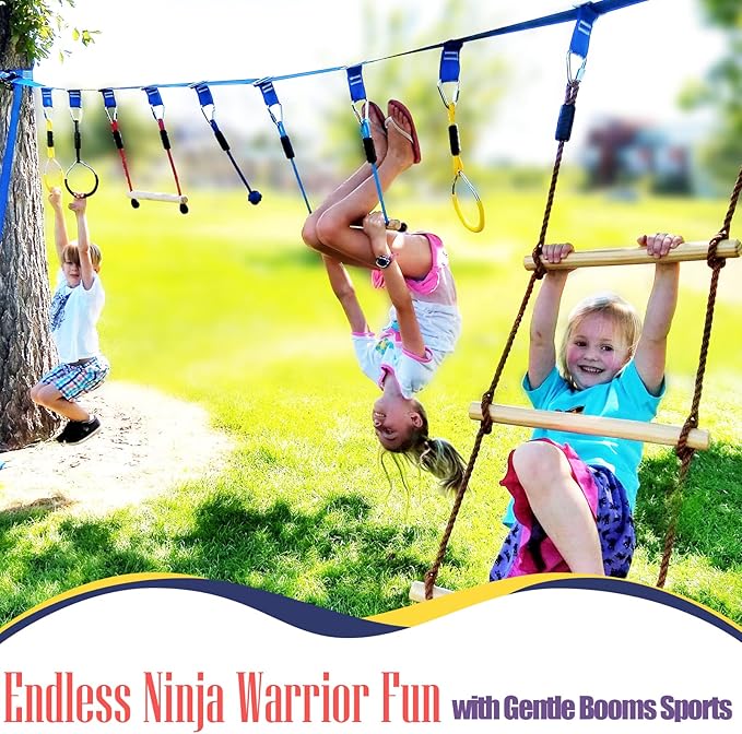 2×56ft Ninja Warrior Obstacle Course for Kids - 600 lbs Weight Capacity, Slackline Obstacle Course with 8 Ninja Accessories - Monkey Bar, Rope Ladder, Gymnastic Ring, Arm Trainer and Monkey Fist-PurrikoPets