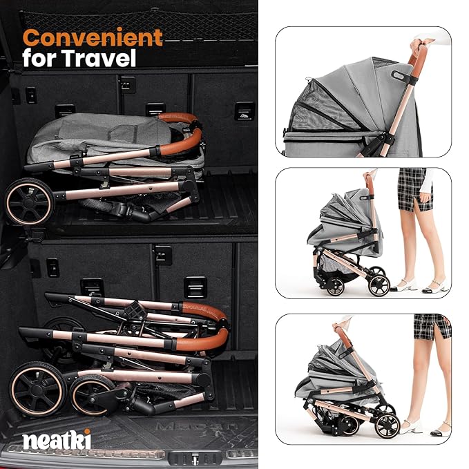 Foldable Pet Stroller for Dogs and Cats, 33 lbs Capacity, 360° Swivel Front Wheels, One-Click Fold, Brake System, Leash & Lock Clips, Removable Washable Padding, and Cup Holder (Gray, 33 lbs)-PurrikoPets